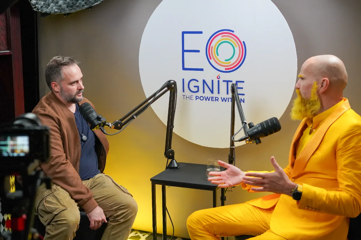 Jon Oliff interviewing a guest at the EO Ignite podcast studio