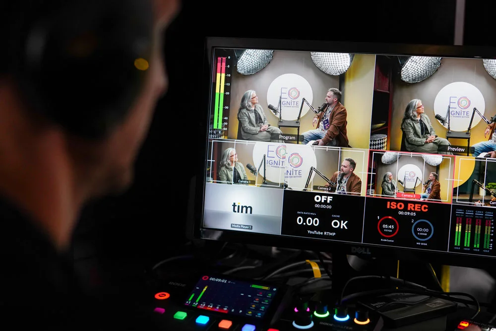 The switcher view during a live EO Ignite recording: three camera angles, programme and preview feeds and the ISO recorder