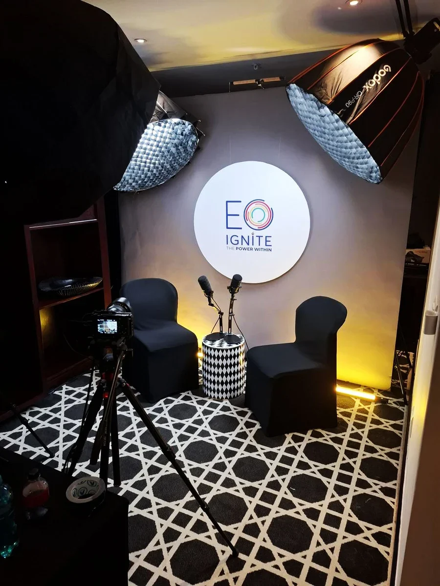 The EO Ignite pop-up podcast studio, built inside a hotel room