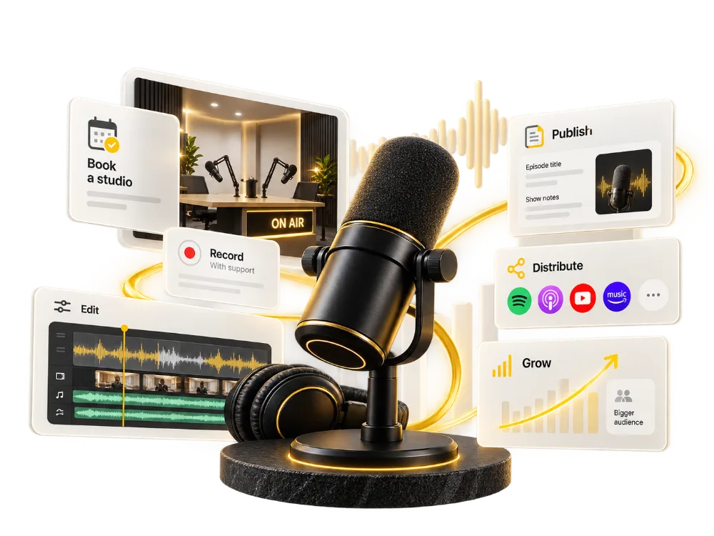 Podcast production: book a studio, record with support, edit, publish, distribute and grow