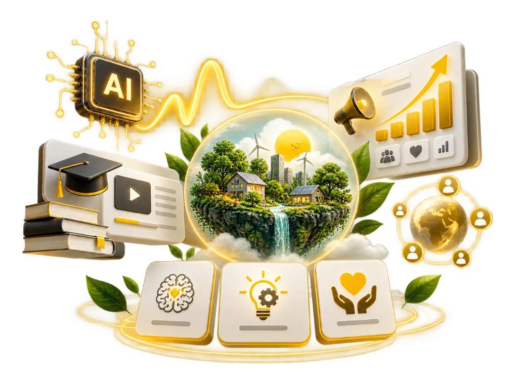 A green landscape of homes, solar panels and wind turbines inside a globe, ringed by symbols of AI, online learning, marketing and care, for TIM Africa's community work