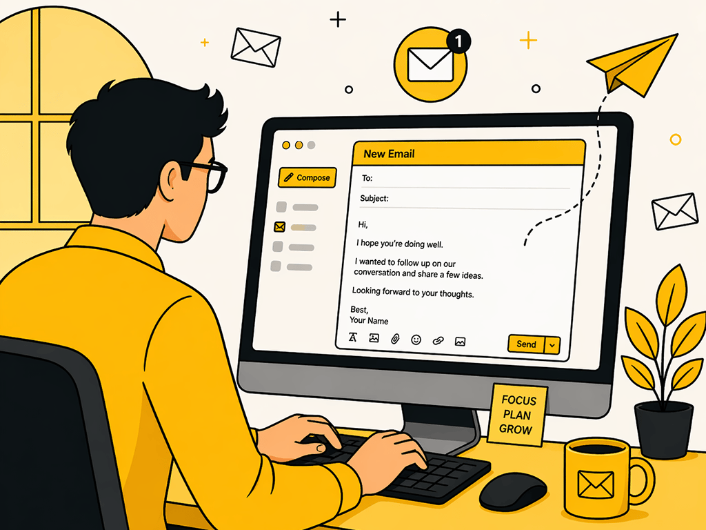 Email newsletter marketing illustration showing person typing email campaign on computer with automation workflow