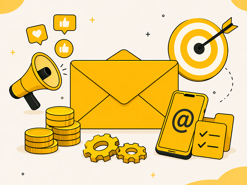 Email marketing concept illustration with newsletter, automation tools, audience targeting and campaign growth elements