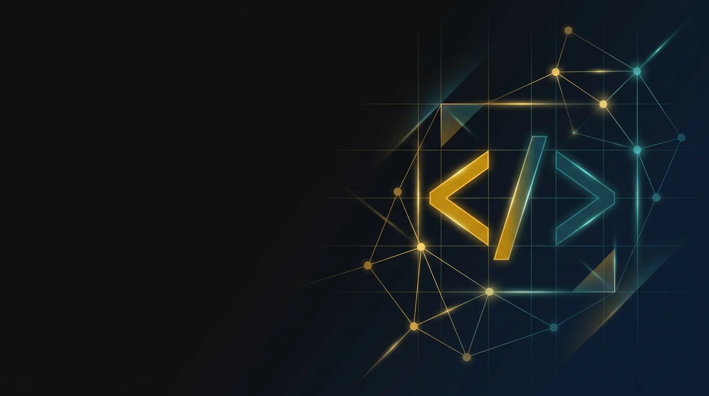 Gold and teal code bracket and node network artwork for TIM web development in Durban