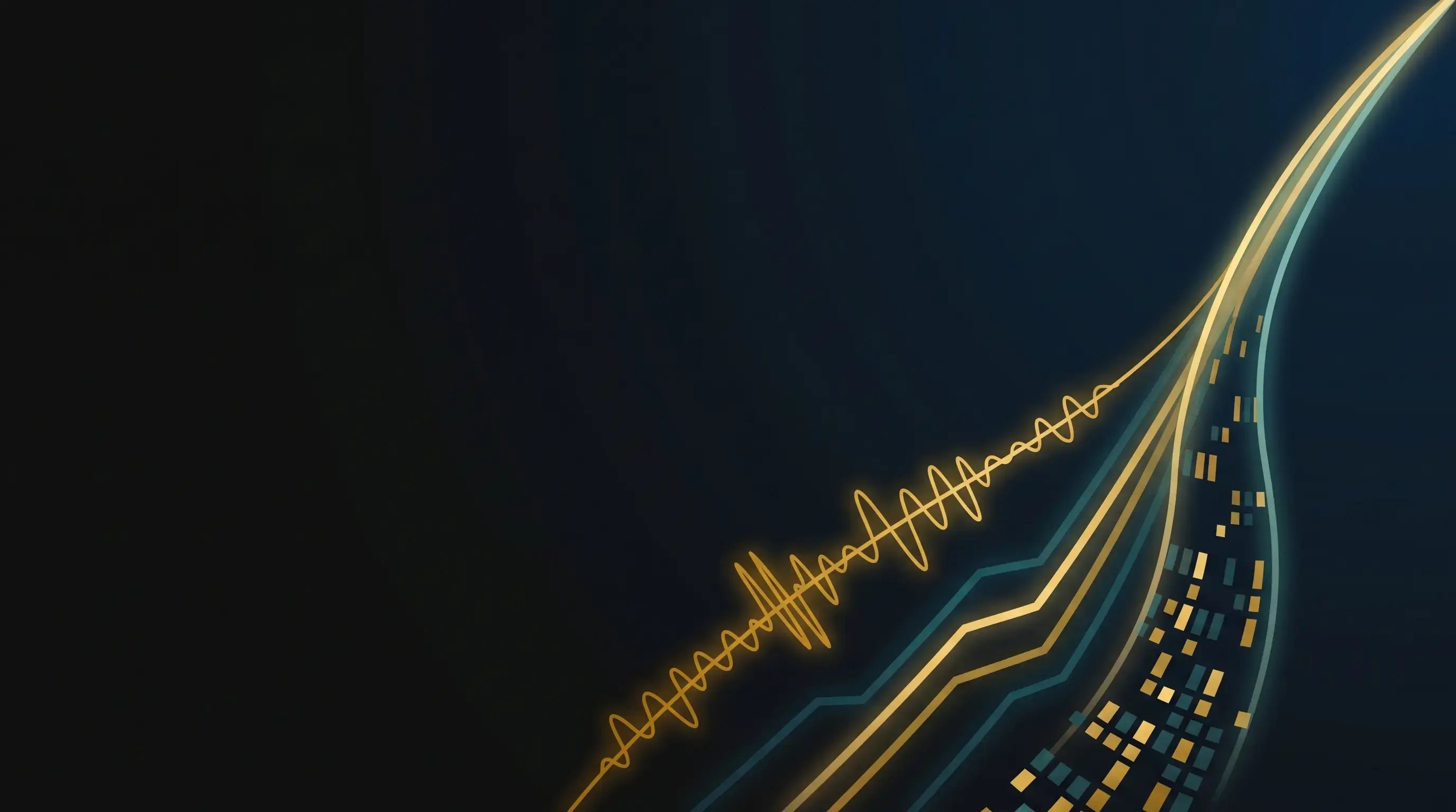 Gold and teal artwork of audio, growth and code streams converging for TIM's integrated services