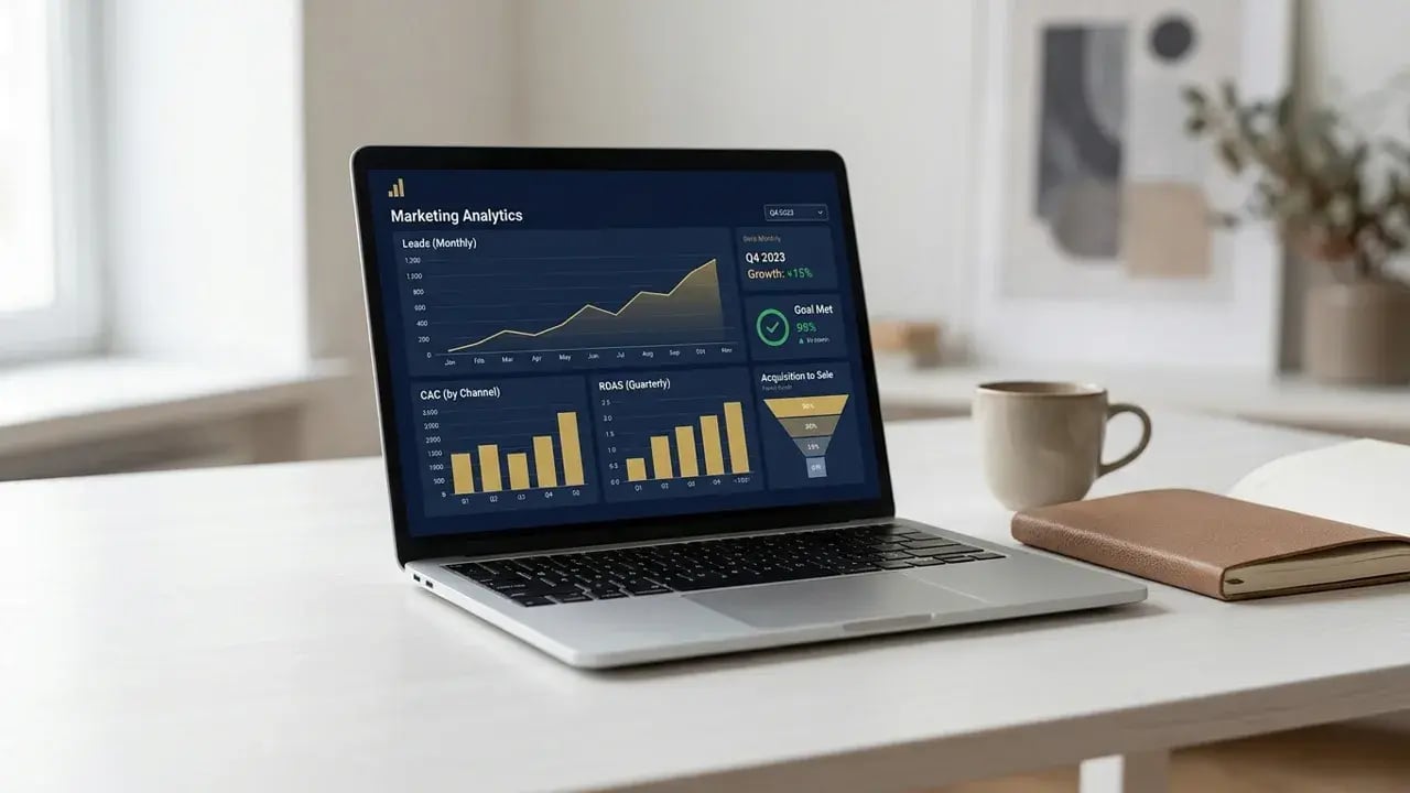 Marketing analytics dashboard showing leads, CAC and ROAS for Johannesburg