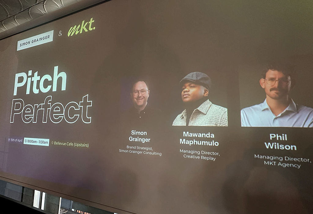 Pitch Perfect business pitching presentation slide featuring Simon Grainger Mawanda Maphumalo and Phil Wilson.