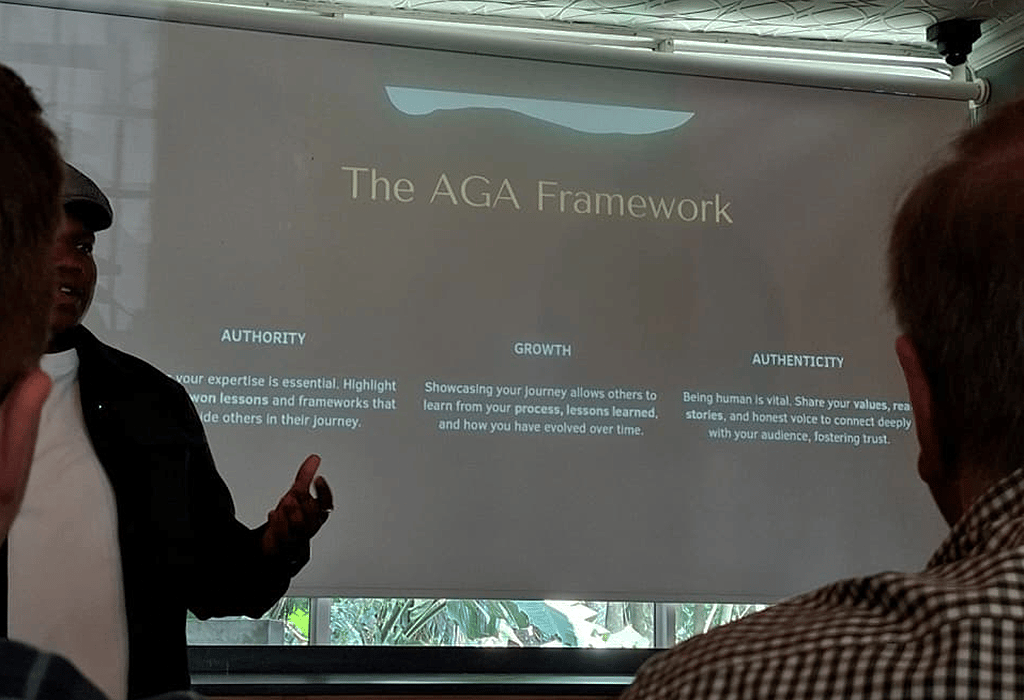 AGA framework slide on authority growth and authenticity for business pitching and personal brand development.