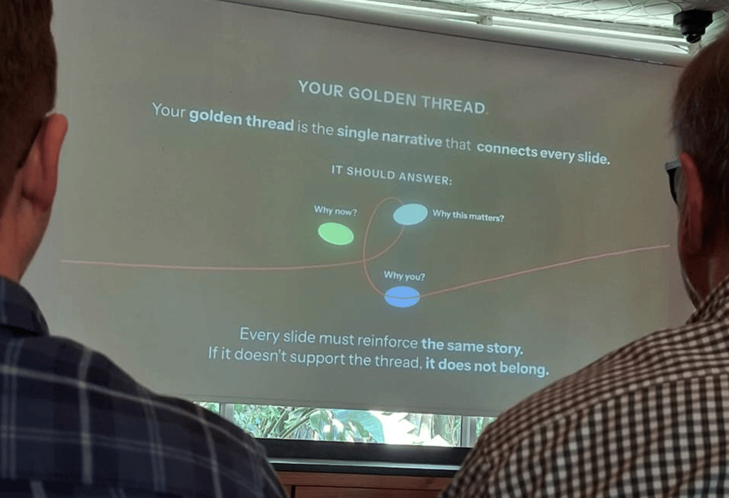 Phil Wilson golden thread concept slide explaining structure of a pitch deck in business pitching presentation.