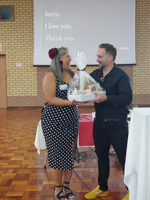 Jonathan Oliff receiving appreciation gift from Benni Thompson after presenting finding your three things at KZN Women in Business