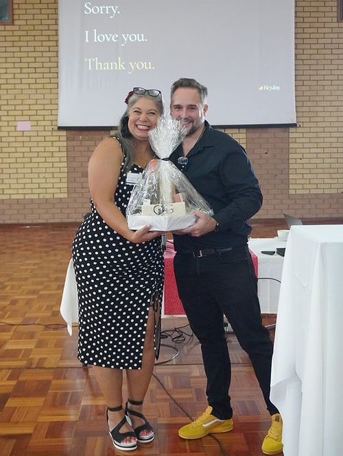 Jonathan Oliff and event host, Benni Thompson, celebrating successful finding your 3 things keynote at KZN Women in Business