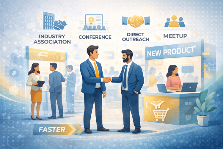 Networking at industry events with conferences, meetups, and direct outreach to reach customers, reflecting Naadiya Moosajee’s STEM Entrepreneurship advice featured by Tim Africa and Heavy Chef. Photo generated: Open AI.