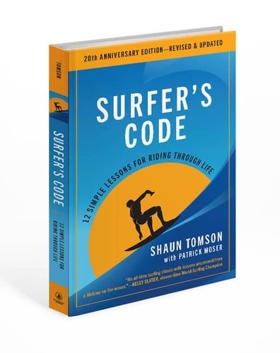 Cover of Surfer's Code by Shaun Tomson, featuring the 20th anniversary edition of the bestselling book on life lessons, leadership, and personal commitment.