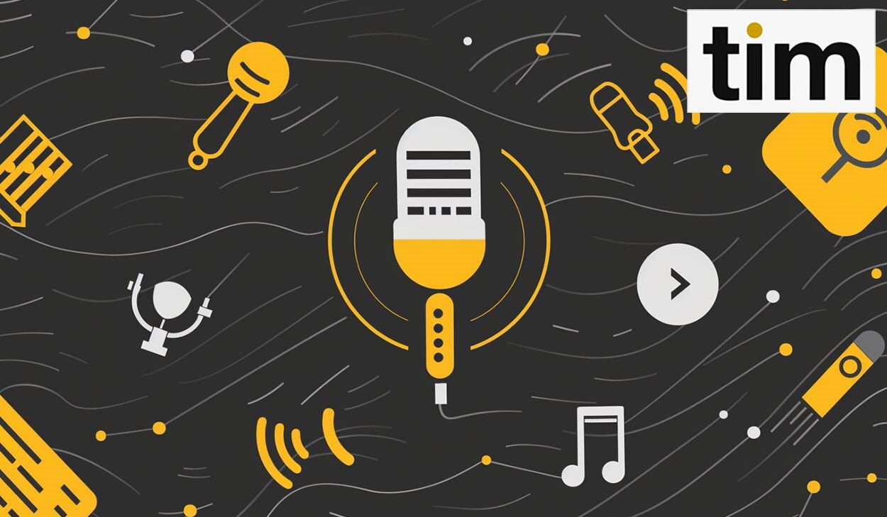An illustration featuring podcast-related icons and sound waves on a dark backdrop, labeled ‘tim’.