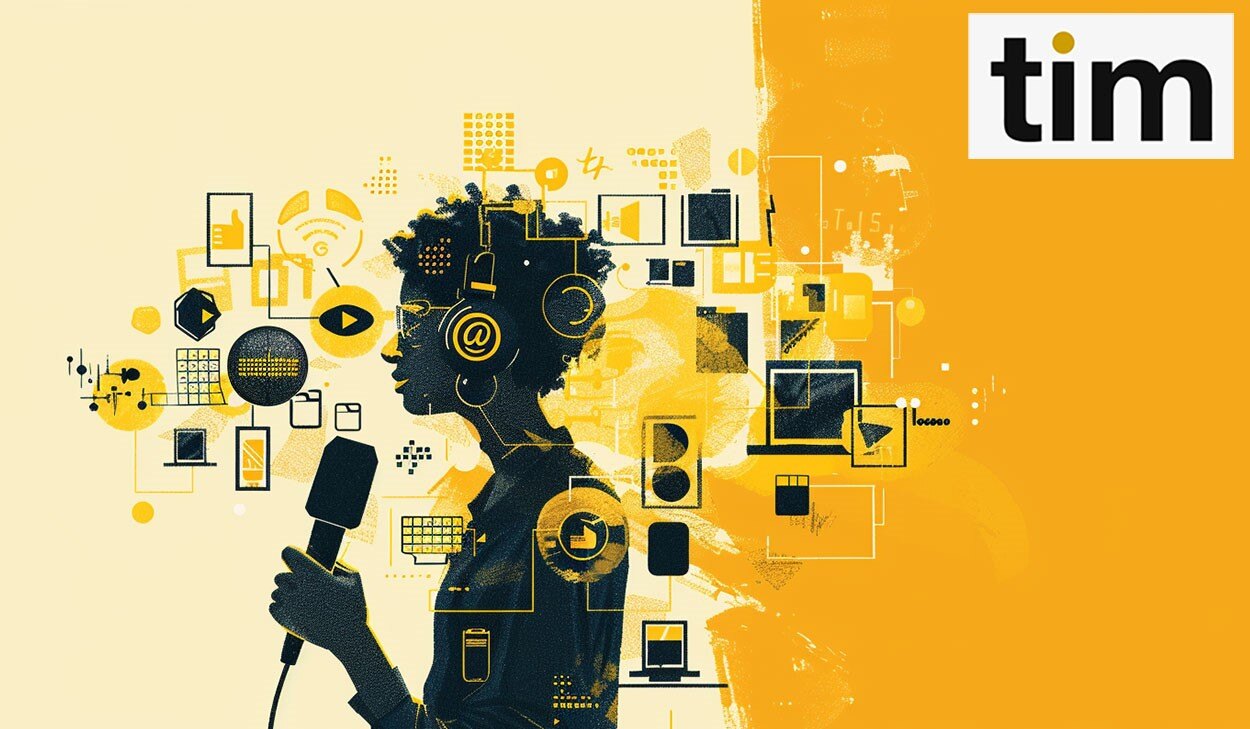  An image depicting the convergence of various media forms around a central figure holding a microphone.