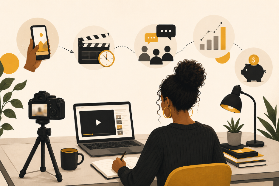 Illustration of a content creator editing YouTube videos at a desk, with icons showing filming, community, analytics, and earning opportunities.