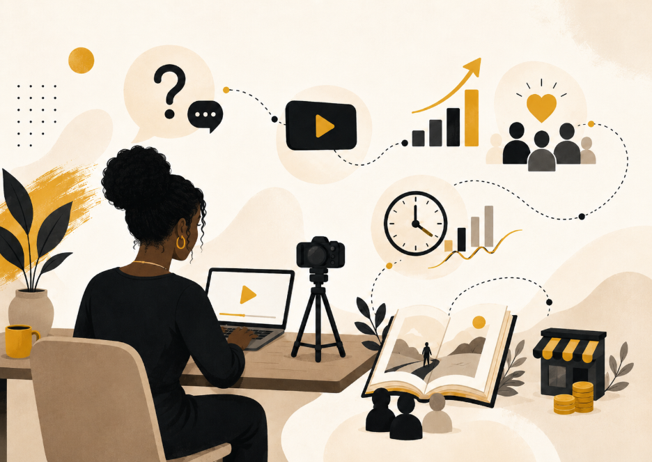 Illustration of a creator planning YouTube content, surrounded by icons for questions, video, audience growth, watch time, storytelling, and monetisation.
