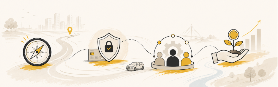 Illustration showing key fintech startup lessons, including navigation, compliance, customer understanding, and financial growth.