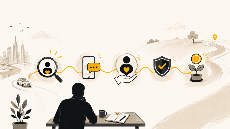 Illustration of a founder mapping a customer-first fintech journey, with icons for research, mobile messaging, customer needs, compliance, and growth.