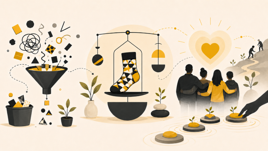 Illustration showing social enterprise lessons through a sock balancing purpose and focus, with symbols for brand clarity, human impact, and small acts creating change.