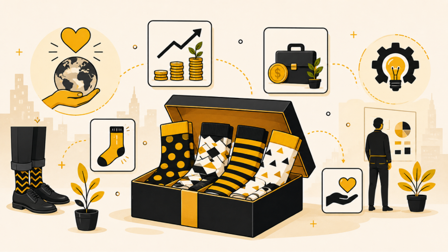 Illustration of a Sexy Socks gift box surrounded by icons for purpose, profit, business growth, innovation, and social impact.