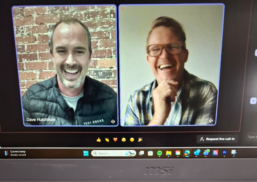 Screenshot of a virtual Heavy Chef session with Dave Hutchison and another speaker laughing during a discussion on social enterprise.