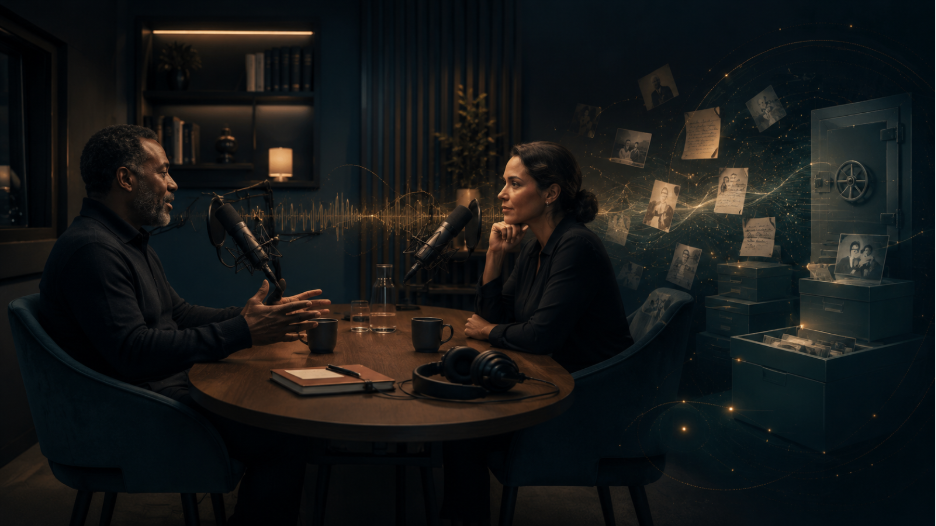 Editorial illustration of a private legacy recording session in a premium podcast studio, where a meaningful conversation transitions into preserved memories, photographs, and secure archives representing LastCast's confidential legacy recording process.