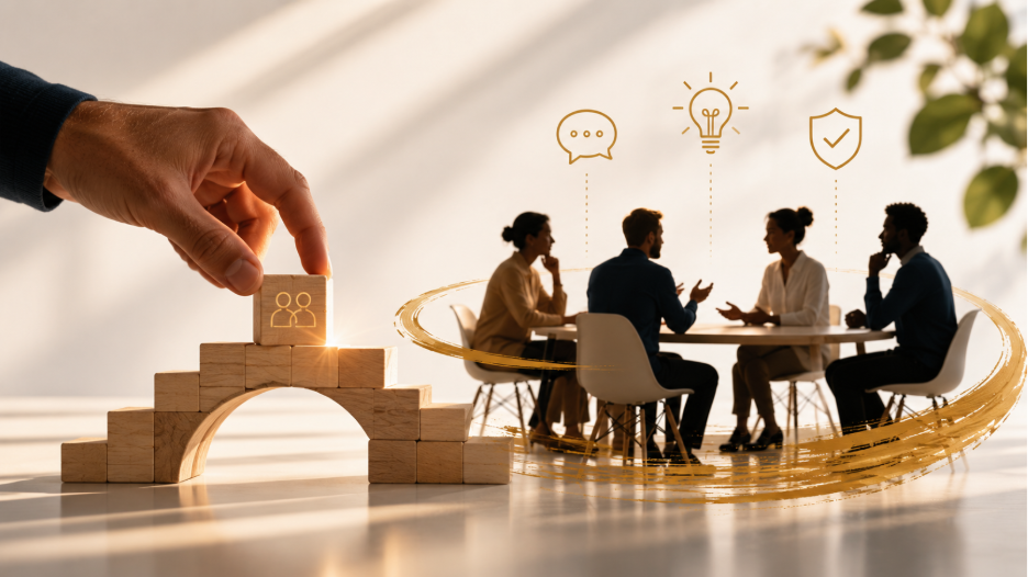 Illustration representing trust building and psychological safety, featuring a team engaged in open discussion while a hand places a wooden block onto a bridge structure, symbolising trust, communication, and stronger decision making.