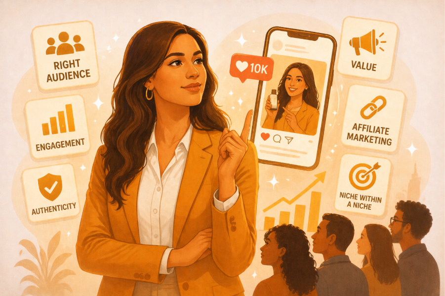 Illustration of a woman presenting influencer marketing strategy, surrounded by icons for audience targeting, engagement, authenticity, value, affiliate marketing, and niche growth.
