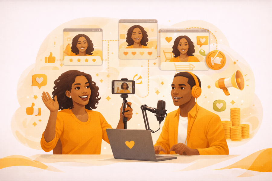 Illustration of two content creators recording an influencer marketing podcast, surrounded by social media engagement icons, video thumbnails, likes, ratings, and marketing symbols.