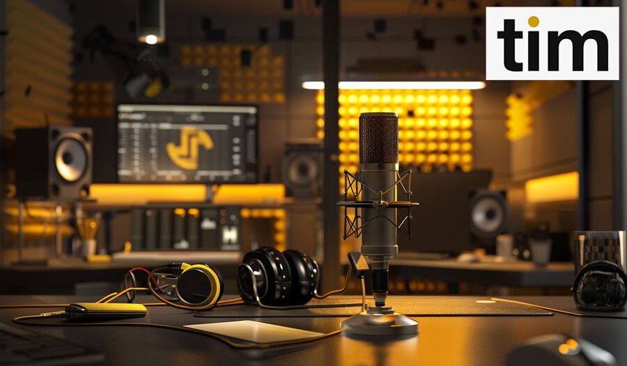 An image showcasing a modern podcast studio equipped with advanced recording equipment