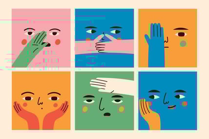 Illustration of facial expressions and non-verbal cues highlighting how video podcasts build connection and trust in conversations.