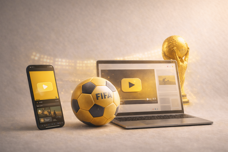 YouTube and FIFA partnership World Cup 2026 streaming on mobile and laptop with football and trophy