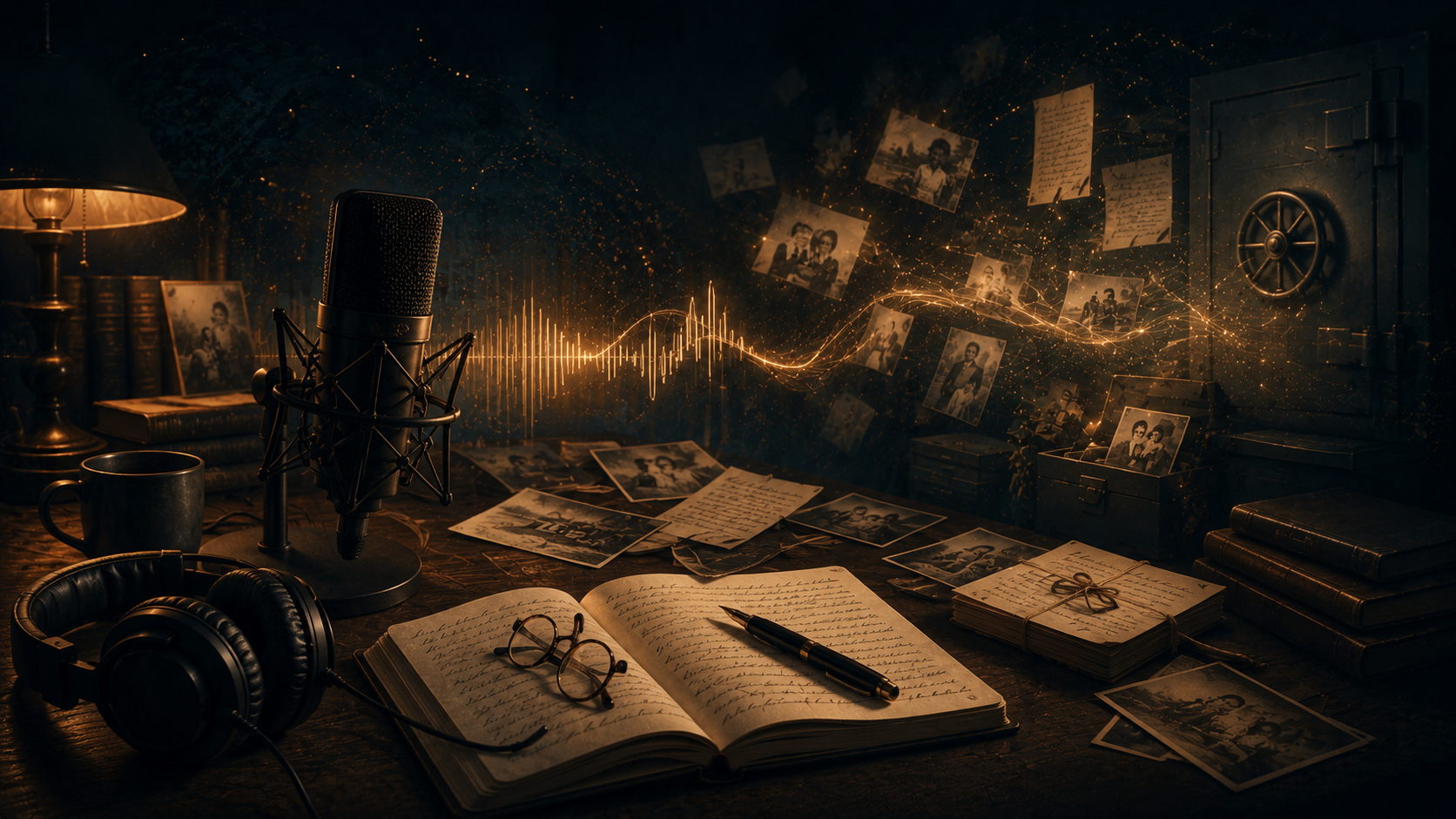 Editorial illustration of a professional podcast microphone surrounded by handwritten letters, family photographs, books, and a secure archive vault, symbolising the preservation of personal stories, memories, and legacy through LastCast.