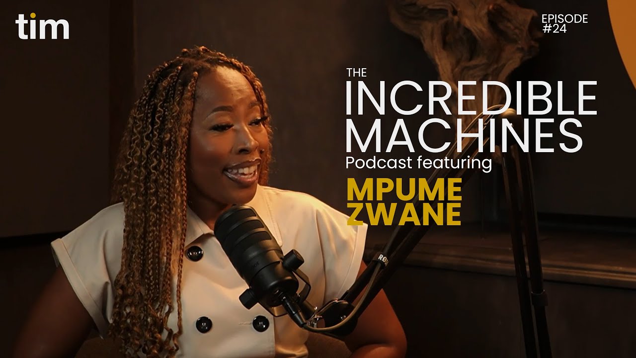 Mpume Zwane Langa, featured guest on Episode 24 of The Incredible Machines Podcast by Tim Africa, speaking confidently into a microphone in the brand’s mustard-accented studio.