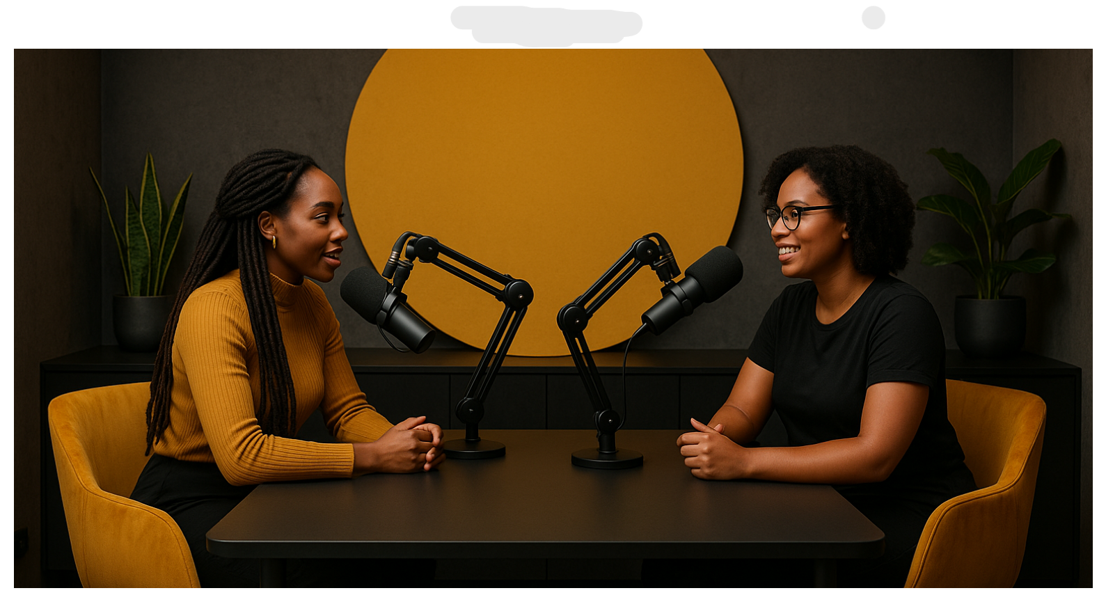 Two diverse women podcasters recording a conversation in Tim Africa’s mustard yellow and black podcast studio in Hillcrest. Featuring modern podcasting equipment and minimalist decor, this National Women's Month in South Africa feature image highlights women behind the mic, symbolising the power of female voices in storytelling, leadership, and digital media.