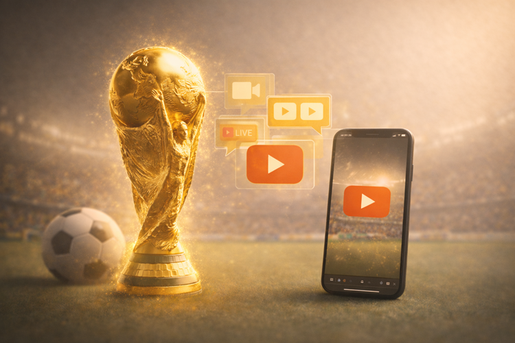 FIFA World Cup 2026 YouTube partnership showing live football streaming on mobile with trophy