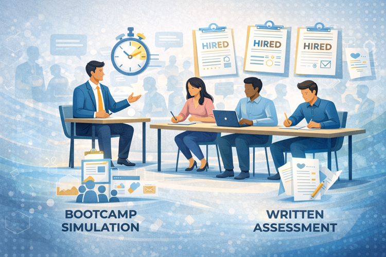 Hiring bootcamp simulation with written assessments and “hired” scorecards, representing Naadiya Moosajee’s STEM Entrepreneurship scaling lessons shared by Tim Africa and Heavy Chef. Photo generated: Open AI.