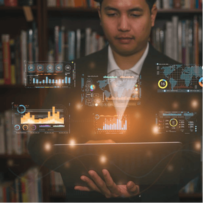 A student interacting with holographic data displays, representing AI literacy and workflow integration