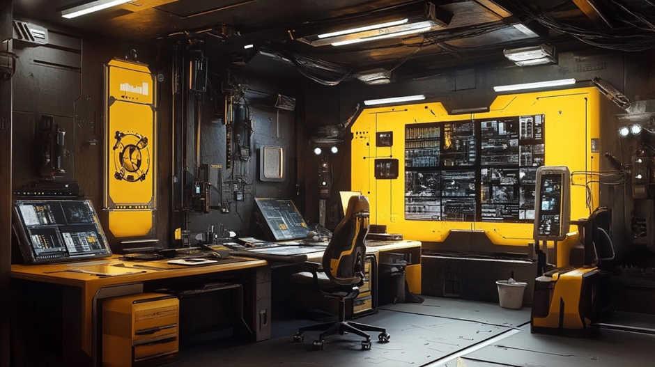 Futuristic workspace with yellow computer consoles, desks and chairs.