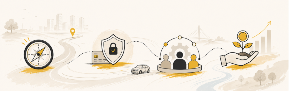 Illustration showing key fintech startup lessons, including navigation, compliance, customer understanding, and financial growth.