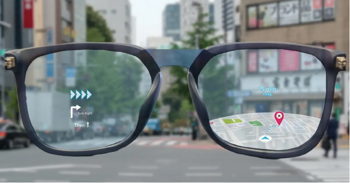 Smart glasses displaying navigation directions and a map over a city street.