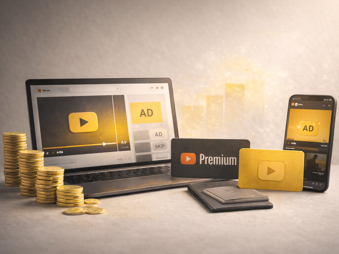 YouTube Monetization concept showing ad revenue and YouTube Premium income with laptop, smartphone, gold coins and creator earnings setup for Tim Africa.