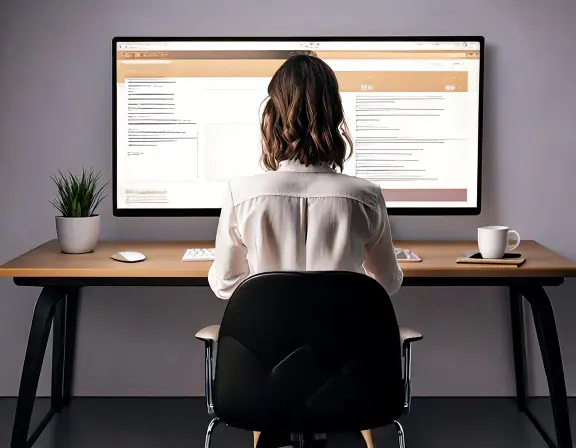 A woman working at a desk in front of a large monitor with a web browser open