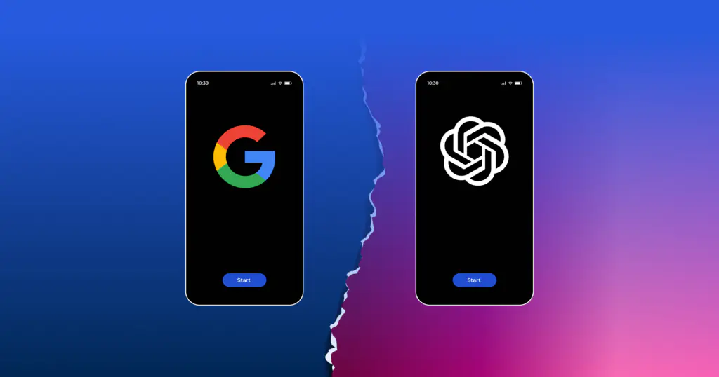 Two phones side by side showing the Google and OpenAI logos, split by a torn edge
