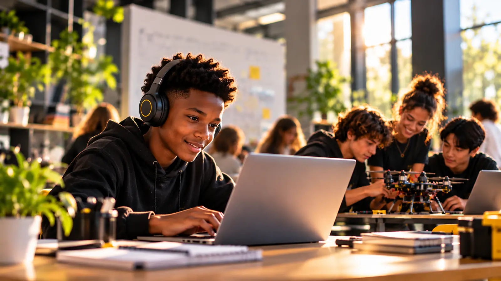 A student wearing headphones works through a personalised learning path on a laptop