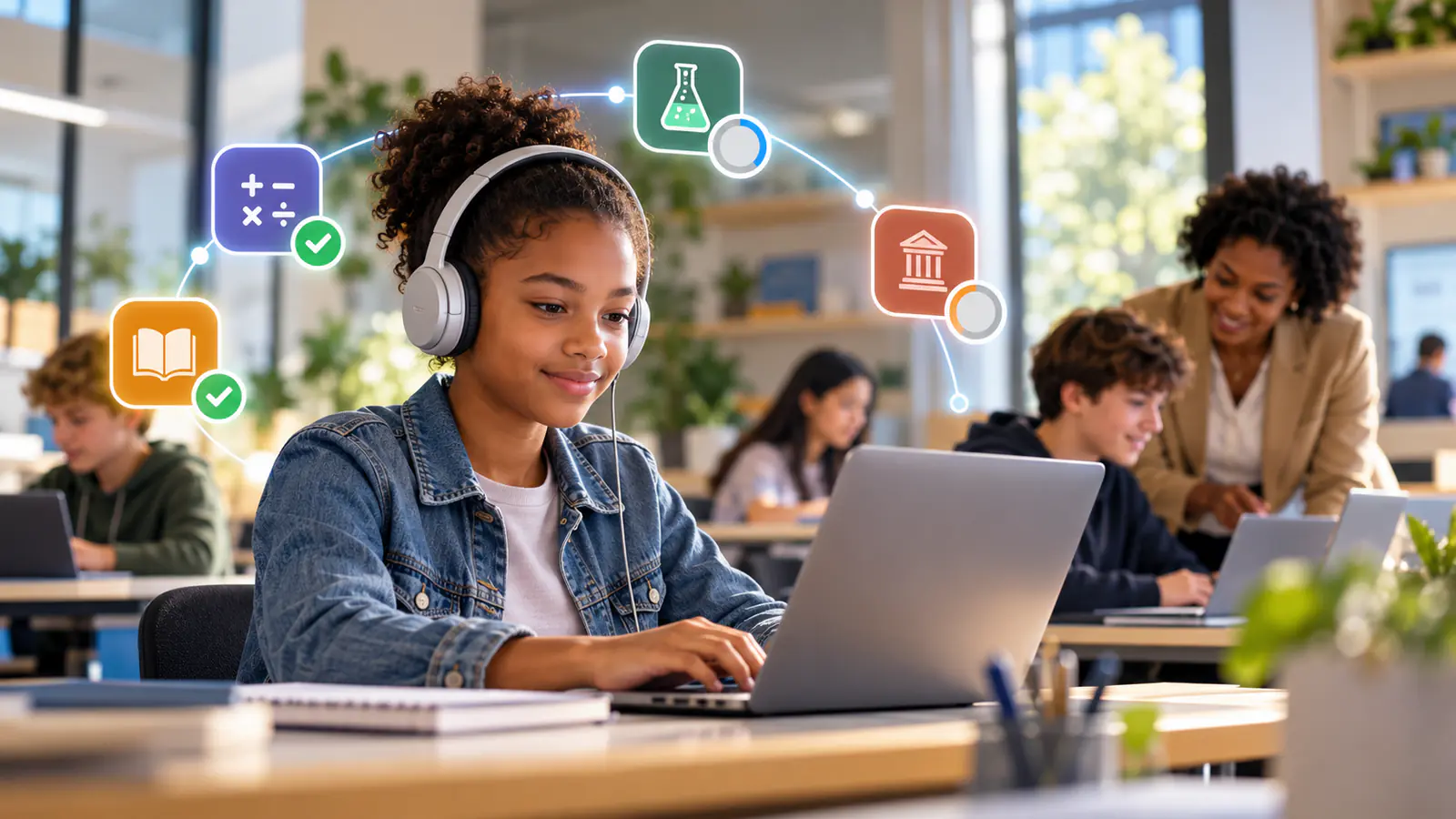 Student with headphones working on a laptop, with subject icons showing her personalised learning path while a guide helps another learner