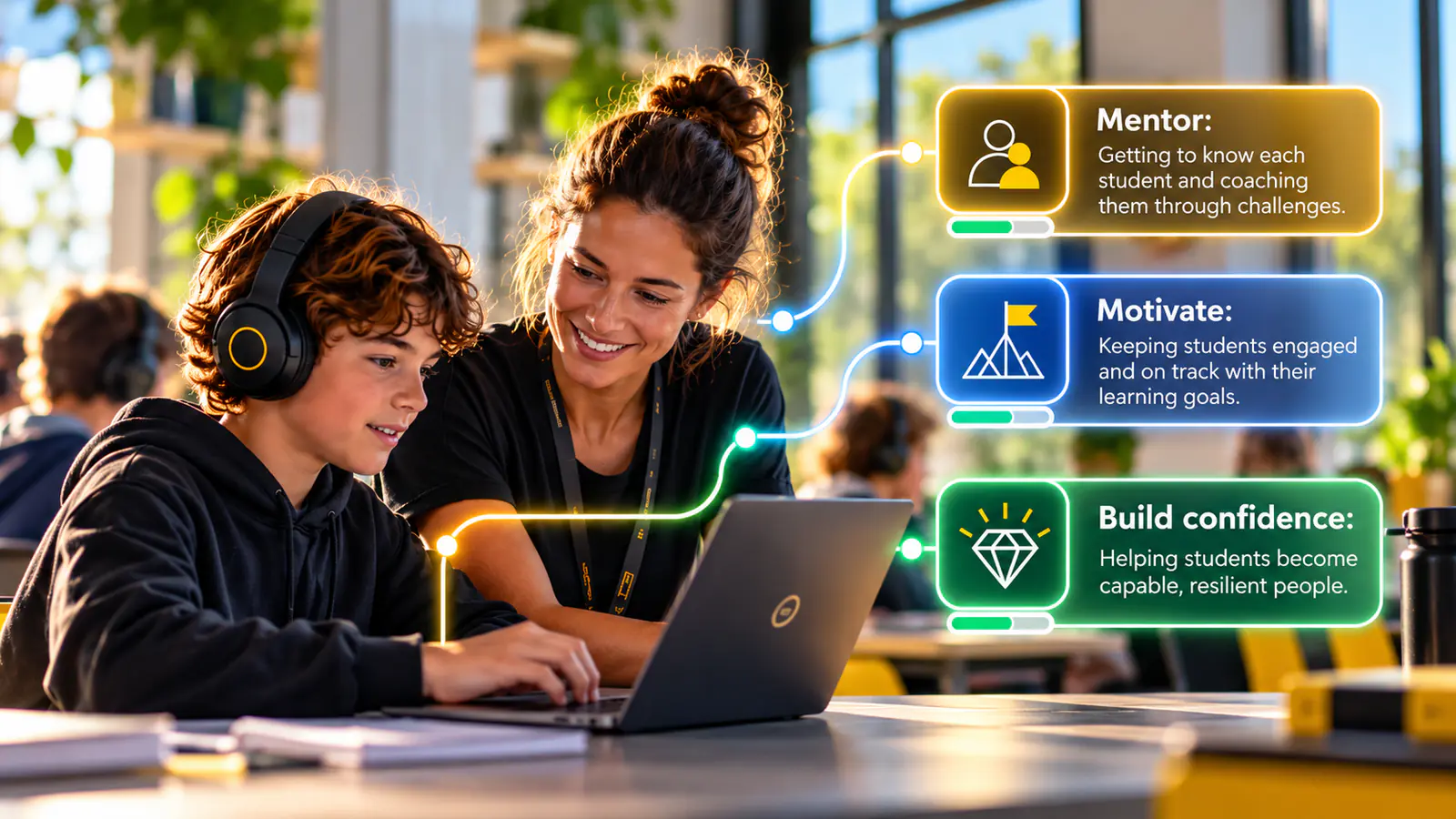 A guide sits beside a student at a laptop, with icons for mentor, motivate and build confidence