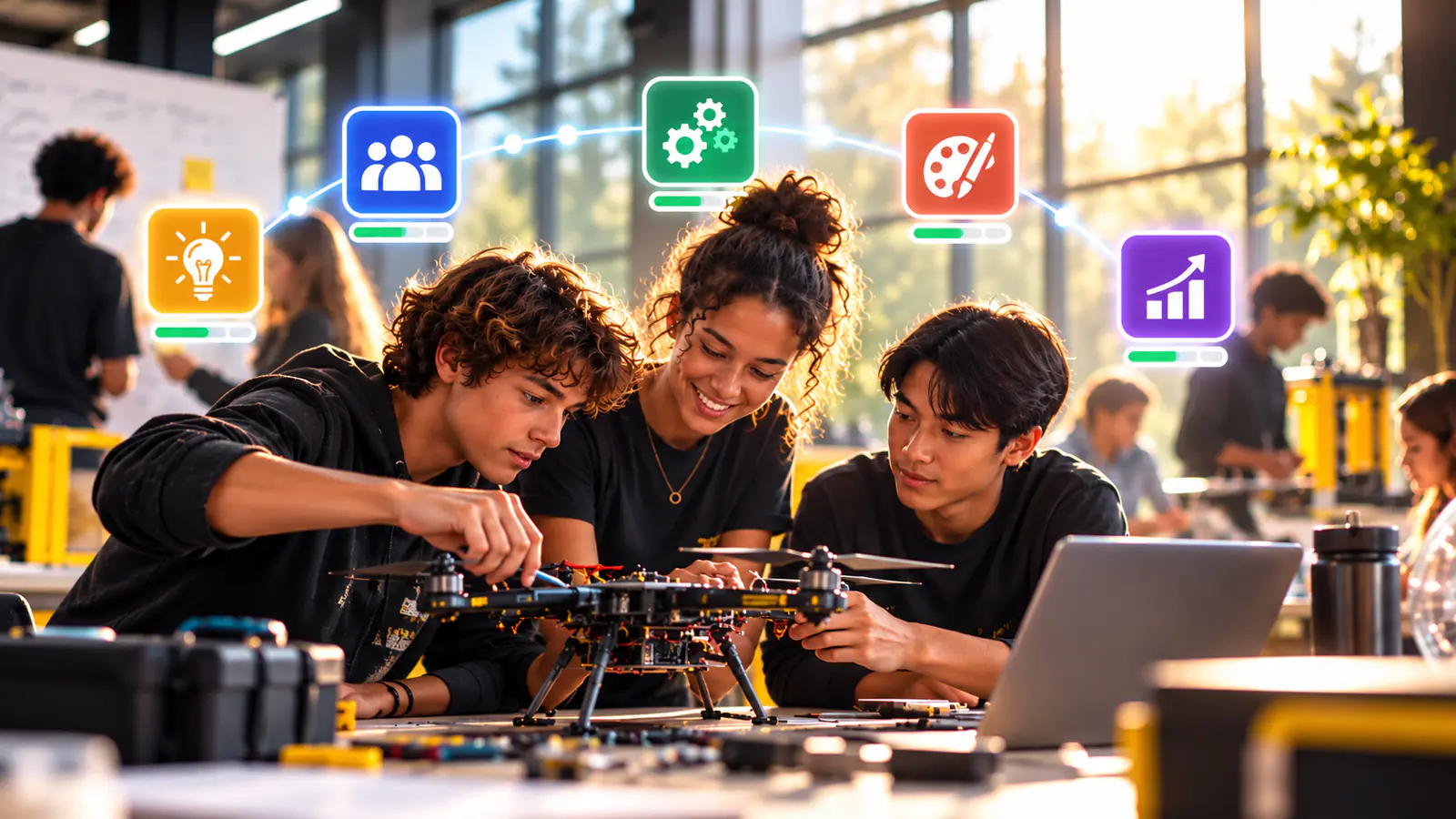 Students working together on a drone in a workshop lit by warm light