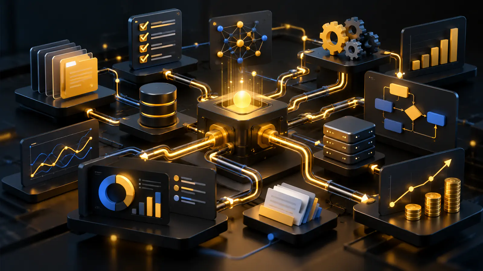 An AI automation workflow connecting documents, databases, dashboards, reports and financial data